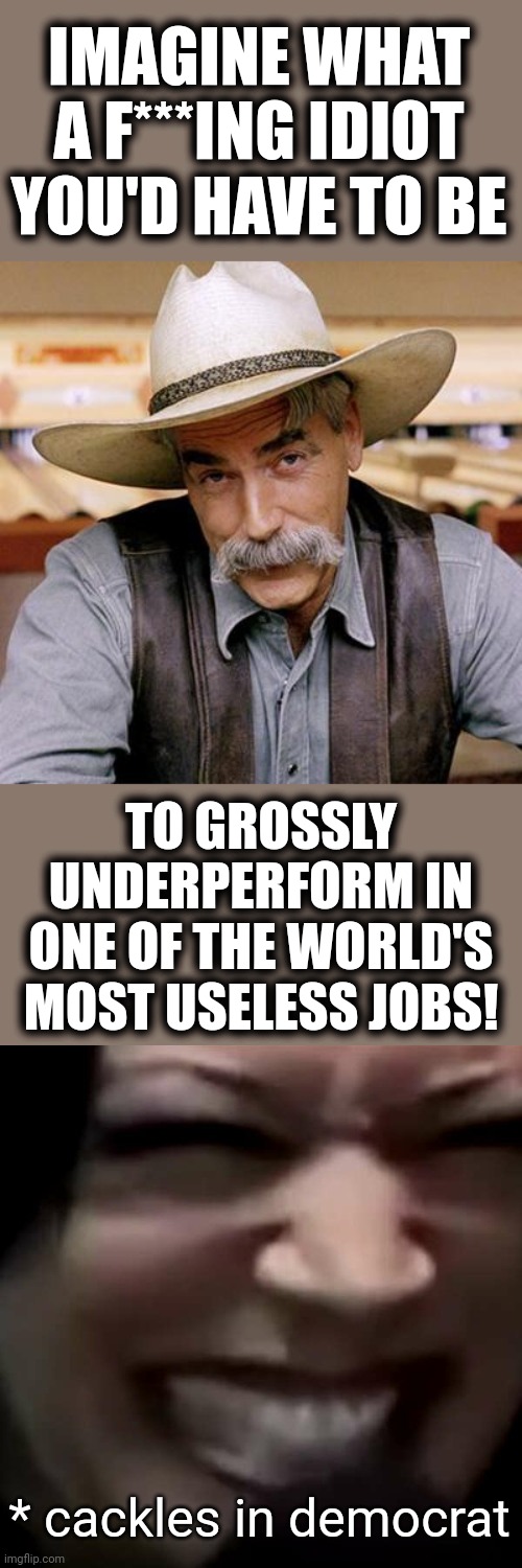IMAGINE WHAT A F***ING IDIOT YOU'D HAVE TO BE; TO GROSSLY UNDERPERFORM IN ONE OF THE WORLD'S MOST USELESS JOBS! * cackles in democrat | image tagged in sarcasm cowboy,memes,kamala harris,underperform,useless job,idiot | made w/ Imgflip meme maker