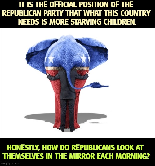Helping starving children is a "Toddler's Takeover?" The GOP is sick, sick, sick. | IT IS THE OFFICIAL POSITION OF THE 
REPUBLICAN PARTY THAT WHAT THIS COUNTRY 
NEEDS IS MORE STARVING CHILDREN. HONESTLY, HOW DO REPUBLICANS LOOK AT 
THEMSELVES IN THE MIRROR EACH MORNING? | image tagged in republican elephant with politician and voter,republicans,hate,children | made w/ Imgflip meme maker