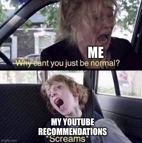 why youtube just why | ME; MY YOUTUBE RECOMMENDATIONS | image tagged in why can't you just be normal | made w/ Imgflip meme maker