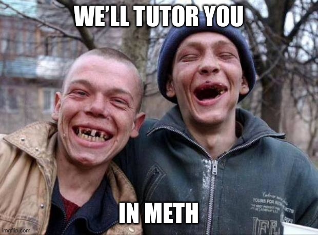 Meth | WE’LL TUTOR YOU; IN METH | image tagged in no teeth,meth,tutorial | made w/ Imgflip meme maker