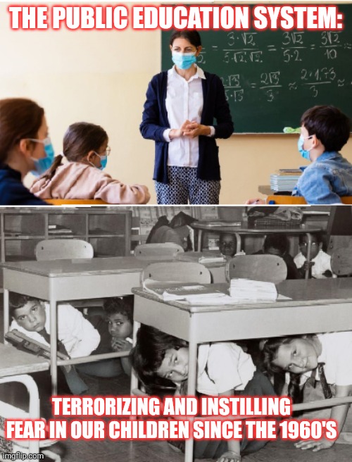 Leftists are the terrorists | THE PUBLIC EDUCATION SYSTEM:; TERRORIZING AND INSTILLING FEAR IN OUR CHILDREN SINCE THE 1960'S | image tagged in masks,children,teachers | made w/ Imgflip meme maker