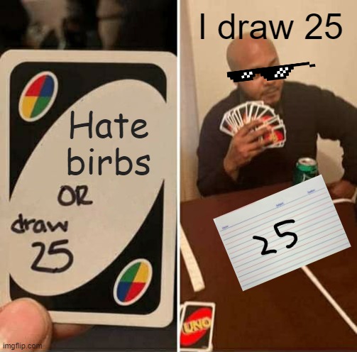 Draw 25 | I draw 25; Hate birbs | image tagged in memes,uno draw 25 cards | made w/ Imgflip meme maker