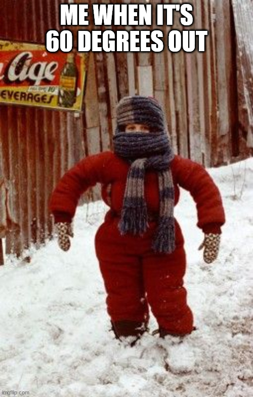 cold outside | ME WHEN IT'S 60 DEGREES OUT | image tagged in christmas story snow suit | made w/ Imgflip meme maker
