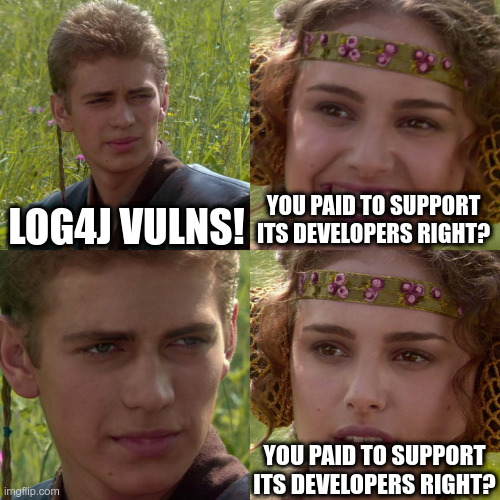 Anakin Padme 4 Panel | LOG4J VULNS! YOU PAID TO SUPPORT ITS DEVELOPERS RIGHT? YOU PAID TO SUPPORT ITS DEVELOPERS RIGHT? | image tagged in anakin padme 4 panel | made w/ Imgflip meme maker