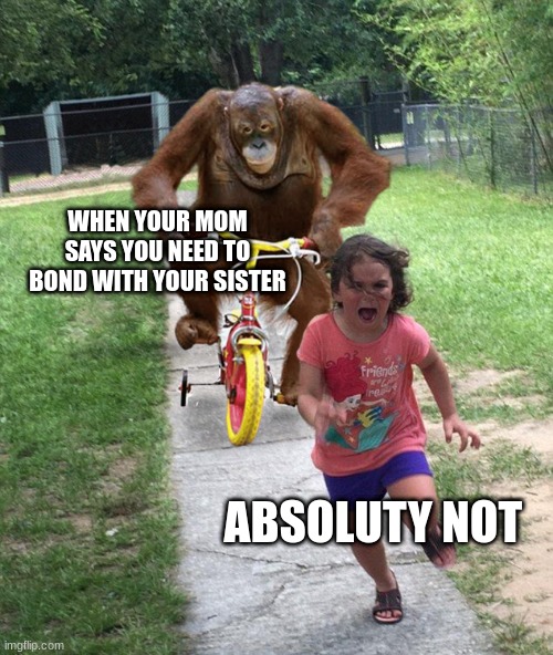 HELLA NAH | WHEN YOUR MOM SAYS YOU NEED TO BOND WITH YOUR SISTER; ABSOLUTY NOT | image tagged in orangutan chasing girl on a tricycle,sister,nope,sisters | made w/ Imgflip meme maker