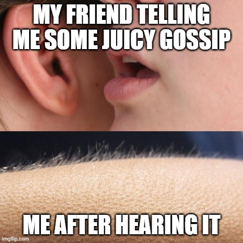 Are you a type to gossip or listen to gossip comment down below! | MY FRIEND TELLING ME SOME JUICY GOSSIP; ME AFTER HEARING IT | image tagged in whisper and goosebumps | made w/ Imgflip meme maker