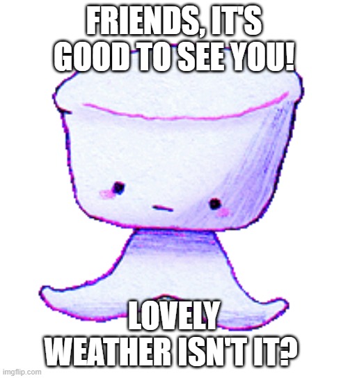 hello again! | FRIENDS, IT'S GOOD TO SEE YOU! LOVELY WEATHER ISN'T IT? | image tagged in idk | made w/ Imgflip meme maker