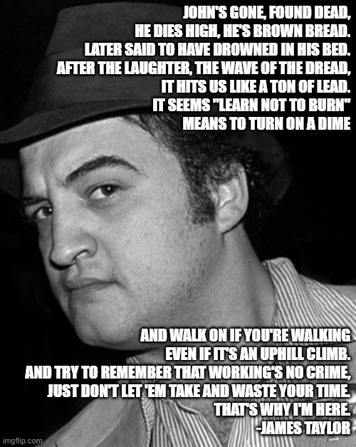 John Belushi | JOHN'S GONE, FOUND DEAD,
HE DIES HIGH, HE'S BROWN BREAD.
LATER SAID TO HAVE DROWNED IN HIS BED.
AFTER THE LAUGHTER, THE WAVE OF THE DREAD,
IT HITS US LIKE A TON OF LEAD.
IT SEEMS "LEARN NOT TO BURN"
MEANS TO TURN ON A DIME; AND WALK ON IF YOU'RE WALKING
EVEN IF IT'S AN UPHILL CLIMB.
AND TRY TO REMEMBER THAT WORKING'S NO CRIME,
JUST DON'T LET 'EM TAKE AND WASTE YOUR TIME.
THAT'S WHY I'M HERE.
-JAMES TAYLOR | image tagged in belushi,recovery | made w/ Imgflip meme maker