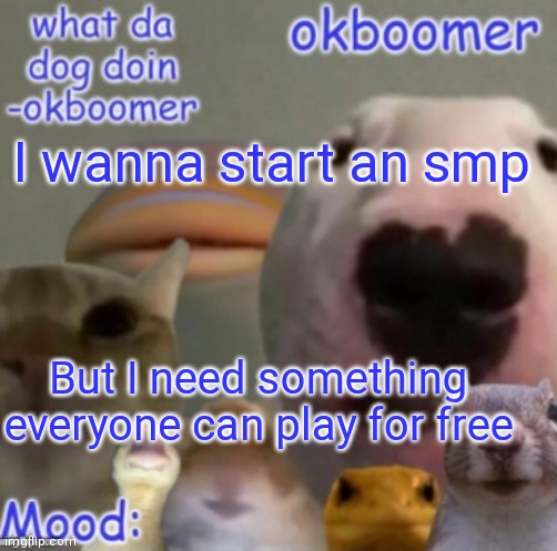 Okboomer template v4 (credit to yeetrex) | I wanna start an smp; But I need something everyone can play for free | image tagged in okboomer template v4 credit to yeetrex | made w/ Imgflip meme maker