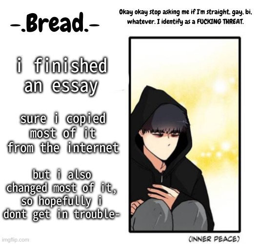 Im transferring after christmas i dont really care tbh | i finished an essay; sure i copied most of it from the internet; but i also changed most of it, so hopefully i dont get in trouble- | image tagged in breads inner peace temp | made w/ Imgflip meme maker