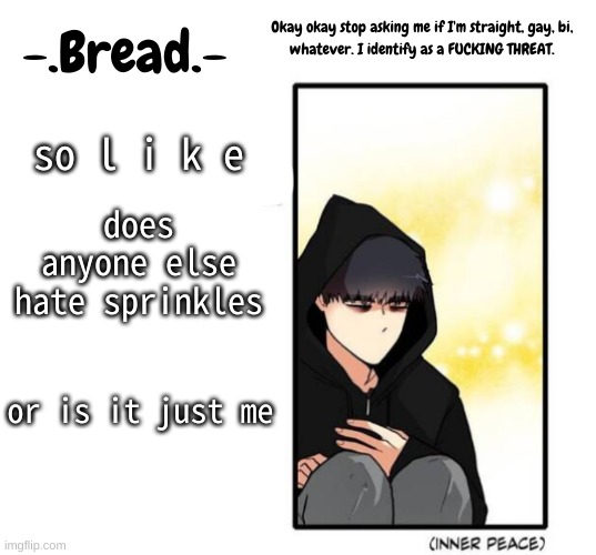 .-. | so l i k e; does anyone else hate sprinkles; or is it just me | image tagged in breads inner peace temp | made w/ Imgflip meme maker