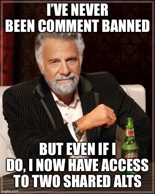 The Most Interesting Man In The World Meme | I’VE NEVER BEEN COMMENT BANNED; BUT EVEN IF I DO, I NOW HAVE ACCESS TO TWO SHARED ALTS | image tagged in memes,the most interesting man in the world | made w/ Imgflip meme maker