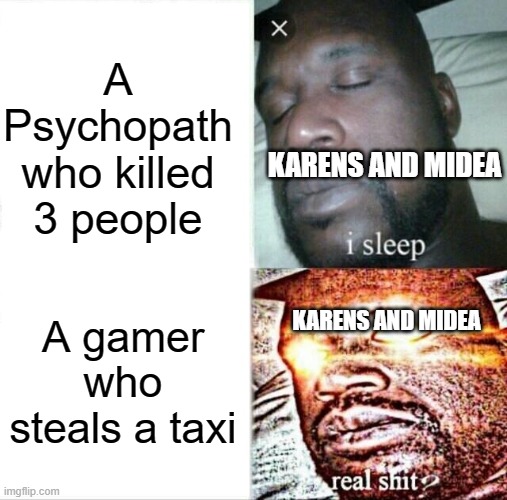 sleeping shaq | A Psychopath who killed 3 people; KARENS AND MIDEA; A gamer who steals a taxi; KARENS AND MIDEA | image tagged in memes,sleeping shaq | made w/ Imgflip meme maker