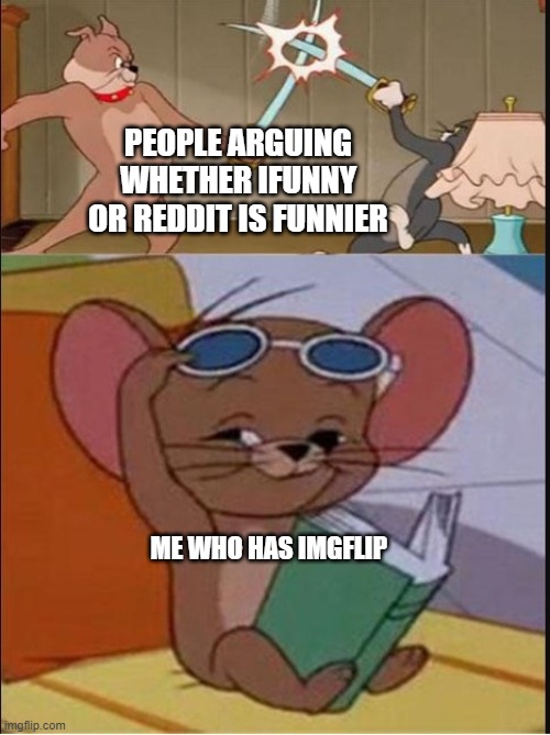 yes | PEOPLE ARGUING WHETHER IFUNNY OR REDDIT IS FUNNIER; ME WHO HAS IMGFLIP | image tagged in tom and spike fighting | made w/ Imgflip meme maker