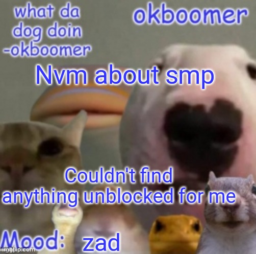 Okboomer template v4 (credit to yeetrex) | Nvm about smp; Couldn't find anything unblocked for me; zad | image tagged in okboomer template v4 credit to yeetrex | made w/ Imgflip meme maker