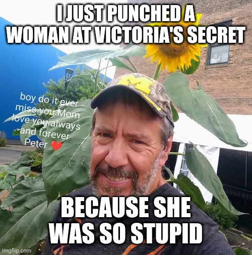 Peter Plant | I JUST PUNCHED A WOMAN AT VICTORIA'S SECRET; BECAUSE SHE WAS SO STUPID | image tagged in peter plant,domestic abuse,women,funny | made w/ Imgflip meme maker
