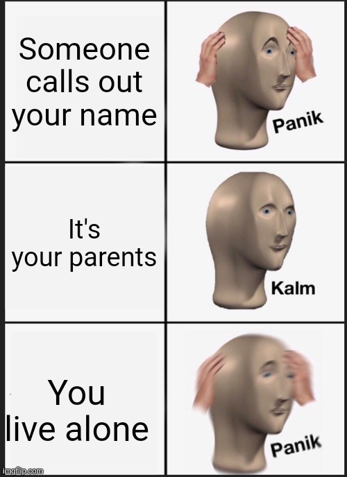 Panik Kalm Panik Meme | Someone calls out your name; It's your parents; You live alone | image tagged in memes,panik kalm panik | made w/ Imgflip meme maker