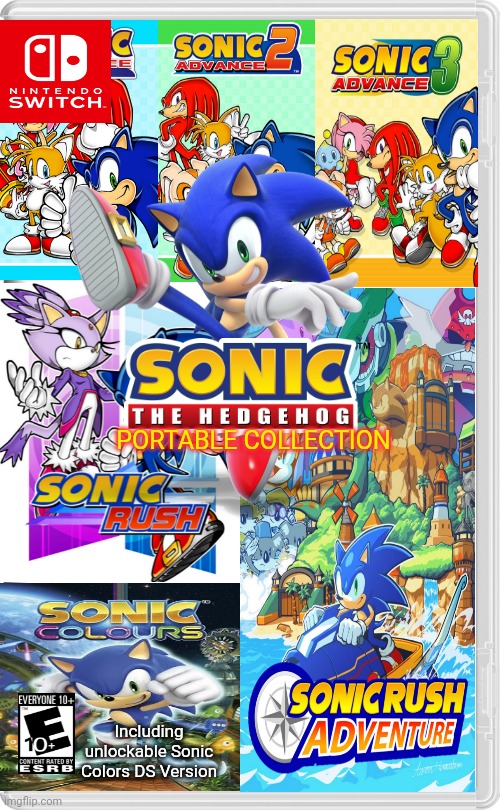 Sonic portable collection | PORTABLE COLLECTION; Including unlockable Sonic Colors DS Version | image tagged in nintendo switch,sonic,sonic the hedgehog,sega | made w/ Imgflip meme maker