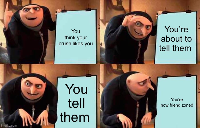 Gru's Plan Meme | You think your crush likes you; You’re about to tell them; You tell them; You’re now friend zoned | image tagged in memes,gru's plan | made w/ Imgflip meme maker