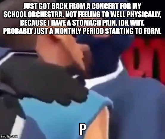 The p | JUST GOT BACK FROM A CONCERT FOR MY SCHOOL ORCHESTRA. NOT FEELING TO WELL PHYSICALLY, BECAUSE I HAVE A STOMACH PAIN. IDK WHY. PROBABLY JUST A MONTHLY PERIOD STARTING TO FORM. | image tagged in the p | made w/ Imgflip meme maker