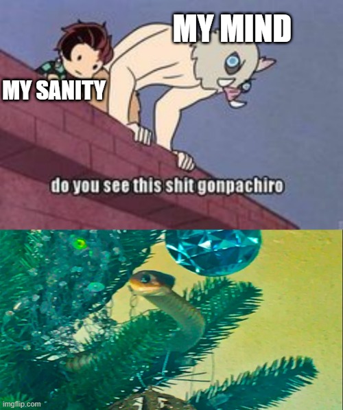 Christmas of 2021 in a masked shell. | MY MIND; MY SANITY | image tagged in u see dis shit gonpachiro,pandemic,christmas,demon slayer,snake | made w/ Imgflip meme maker