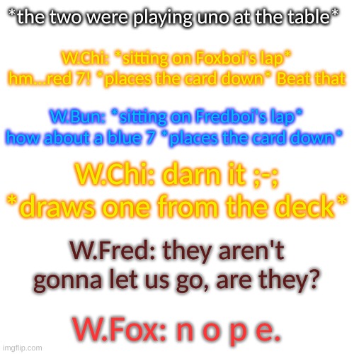 ; ~ ; | *the two were playing uno at the table*; W.Chi: *sitting on Foxboi's lap* hm...red 7! *places the card down* Beat that; W.Bun: *sitting on Fredboi's lap* how about a blue 7 *places the card down*; W.Chi: darn it ;-; *draws one from the deck*; W.Fred: they aren't gonna let us go, are they? W.Fox: n o p e. | image tagged in blank transparent square | made w/ Imgflip meme maker