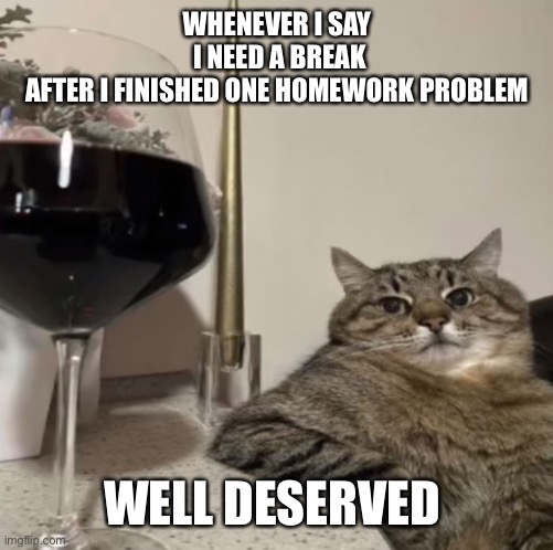 Well deserved | WHENEVER I SAY
 I NEED A BREAK
 AFTER I FINISHED ONE HOMEWORK PROBLEM; WELL DESERVED | image tagged in school meme | made w/ Imgflip meme maker