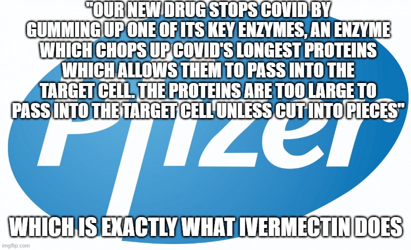 Same thing but at 5 times the cost | "OUR NEW DRUG STOPS COVID BY GUMMING UP ONE OF ITS KEY ENZYMES, AN ENZYME WHICH CHOPS UP COVID'S LONGEST PROTEINS WHICH ALLOWS THEM TO PASS INTO THE TARGET CELL. THE PROTEINS ARE TOO LARGE TO PASS INTO THE TARGET CELL UNLESS CUT INTO PIECES"; WHICH IS EXACTLY WHAT IVERMECTIN DOES | image tagged in pfizer | made w/ Imgflip meme maker