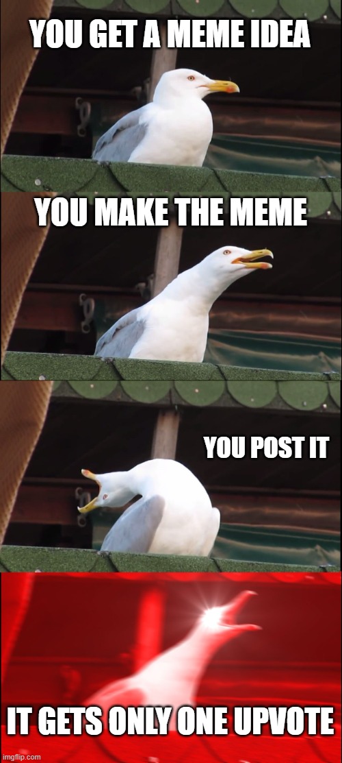 i have 3 memes like this | YOU GET A MEME IDEA; YOU MAKE THE MEME; YOU POST IT; IT GETS ONLY ONE UPVOTE | image tagged in memes,inhaling seagull | made w/ Imgflip meme maker