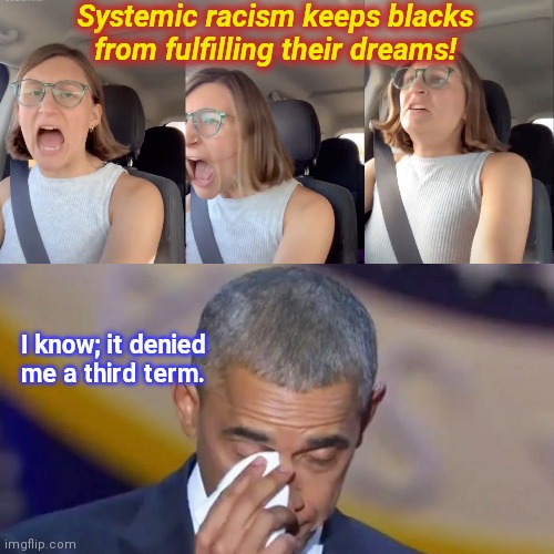 Liberal white woman meltdown | Systemic racism keeps blacks from fulfilling their dreams! I know; it denied me a third term. | image tagged in liberal white woman meltdown,liberal logic,lies,race relations,barack obama,political humor | made w/ Imgflip meme maker