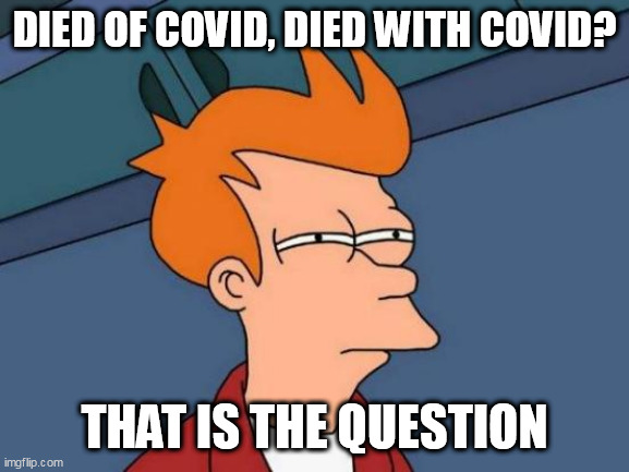 Futurama Fry | DIED OF COVID, DIED WITH COVID? THAT IS THE QUESTION | image tagged in memes,futurama fry | made w/ Imgflip meme maker