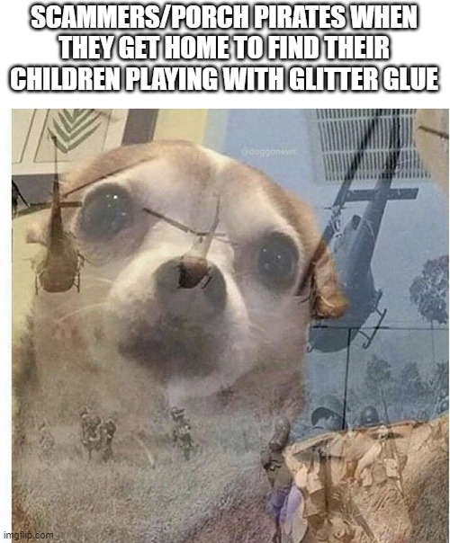 Thank you, Mark Rober. |  SCAMMERS/PORCH PIRATES WHEN THEY GET HOME TO FIND THEIR CHILDREN PLAYING WITH GLITTER GLUE | image tagged in ptsd chihuahua | made w/ Imgflip meme maker