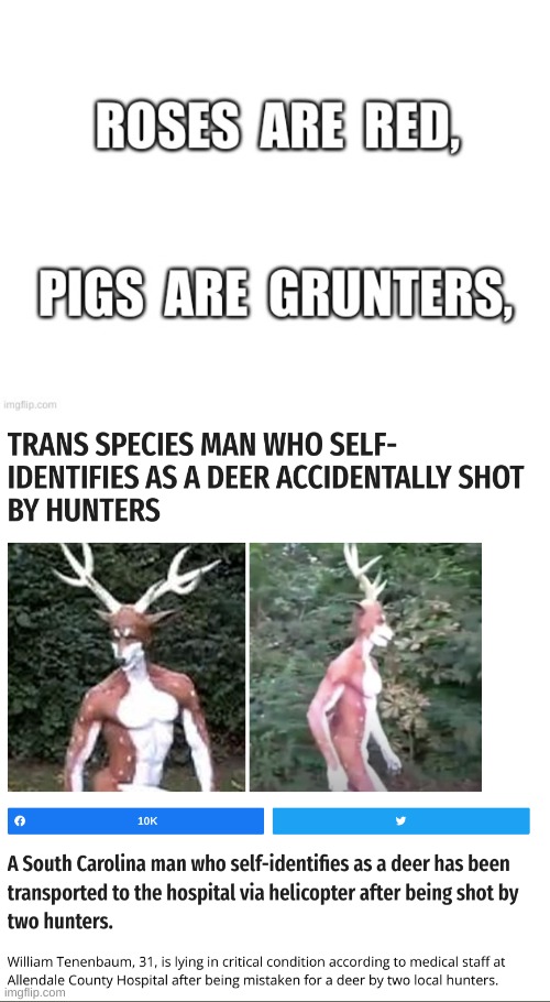 Bad Luck For Buck | image tagged in deer,man,trans species,shot,hunters,accident | made w/ Imgflip meme maker