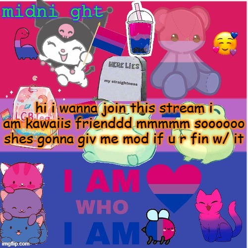 nnxn | midni ght; hi i wanna join this stream i am kawaiis frienddd mmmmm soooooo shes gonna giv me mod if u r fin w/ it | image tagged in midnight's bi temp | made w/ Imgflip meme maker