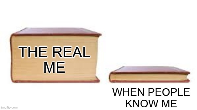 real me |  THE REAL
ME; WHEN PEOPLE
KNOW ME | image tagged in big book small book,secret,hide | made w/ Imgflip meme maker