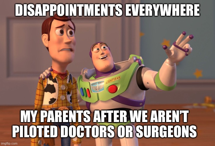 X, X Everywhere | DISAPPOINTMENTS EVERYWHERE; MY PARENTS AFTER WE AREN’T PILOTED DOCTORS OR SURGEONS | image tagged in memes,x x everywhere | made w/ Imgflip meme maker