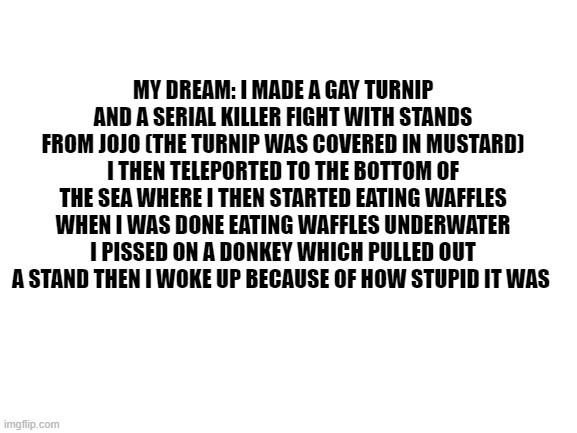 I just cant do this anymore | MY DREAM: I MADE A GAY TURNIP AND A SERIAL KILLER FIGHT WITH STANDS FROM JOJO (THE TURNIP WAS COVERED IN MUSTARD) I THEN TELEPORTED TO THE BOTTOM OF THE SEA WHERE I THEN STARTED EATING WAFFLES WHEN I WAS DONE EATING WAFFLES UNDERWATER I PISSED ON A DONKEY WHICH PULLED OUT A STAND THEN I WOKE UP BECAUSE OF HOW STUPID IT WAS | image tagged in blank white template,stupid,weird,memes,funny | made w/ Imgflip meme maker