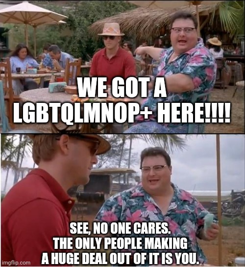 See Nobody Cares | WE GOT A LGBTQLMNOP+ HERE!!!! SEE, NO ONE CARES.
 THE ONLY PEOPLE MAKING 
A HUGE DEAL OUT OF IT IS YOU. | image tagged in memes,see nobody cares | made w/ Imgflip meme maker