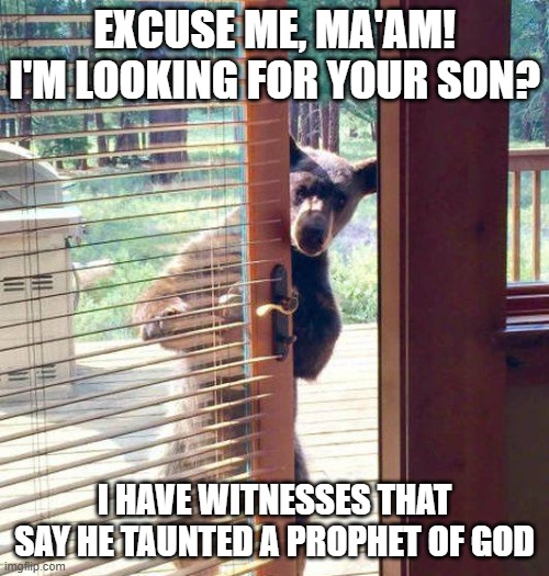 Bear at the Door | EXCUSE ME, MA'AM! I'M LOOKING FOR YOUR SON? I HAVE WITNESSES THAT SAY HE TAUNTED A PROPHET OF GOD | image tagged in bear at the door | made w/ Imgflip meme maker