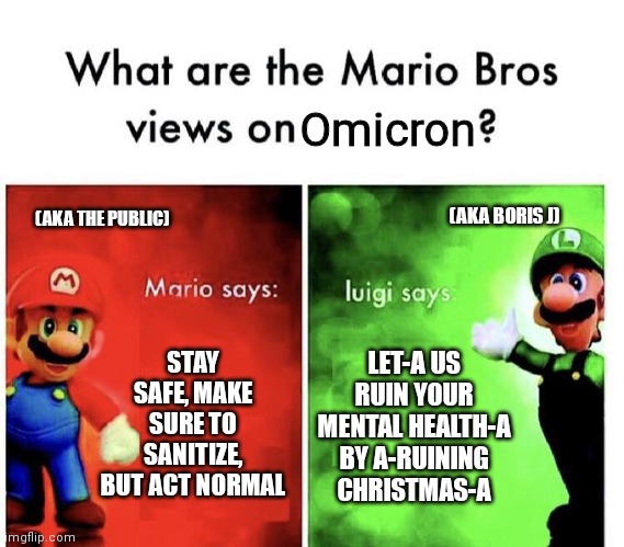 Mario Bros Views | Omicron; (AKA BORIS J); (AKA THE PUBLIC); STAY SAFE, MAKE SURE TO SANITIZE, BUT ACT NORMAL; LET-A US RUIN YOUR MENTAL HEALTH-A BY A-RUINING CHRISTMAS-A | image tagged in mario bros views | made w/ Imgflip meme maker