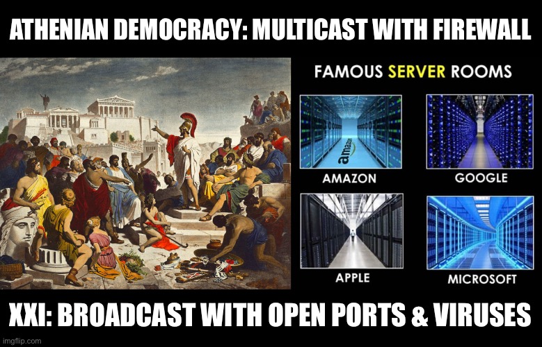 Viruses Are Infinite | ATHENIAN DEMOCRACY: MULTICAST WITH FIREWALL; XXI: BROADCAST WITH OPEN PORTS & VIRUSES | image tagged in democracy,computers/electronics,computer virus | made w/ Imgflip meme maker
