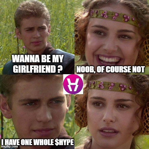 hype | WANNA BE MY GIRLFRIEND ? NOOB, OF COURSE NOT; I HAVE ONE WHOLE $HYPE | image tagged in anakin padme 4 panel | made w/ Imgflip meme maker