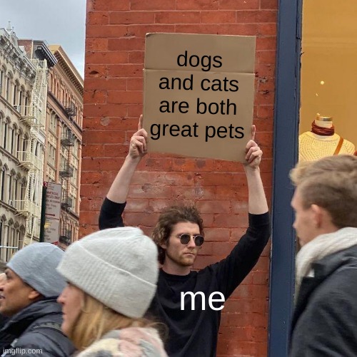 I love both, sorry | dogs and cats are both great pets; me | image tagged in memes,guy holding cardboard sign | made w/ Imgflip meme maker