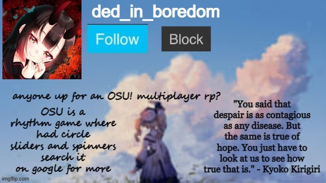 imma insert some of my oc's in here | OSU is a rhythm game where had circle sliders and spinners search it on google for more; anyone up for an OSU! multiplayer rp? | made w/ Imgflip meme maker