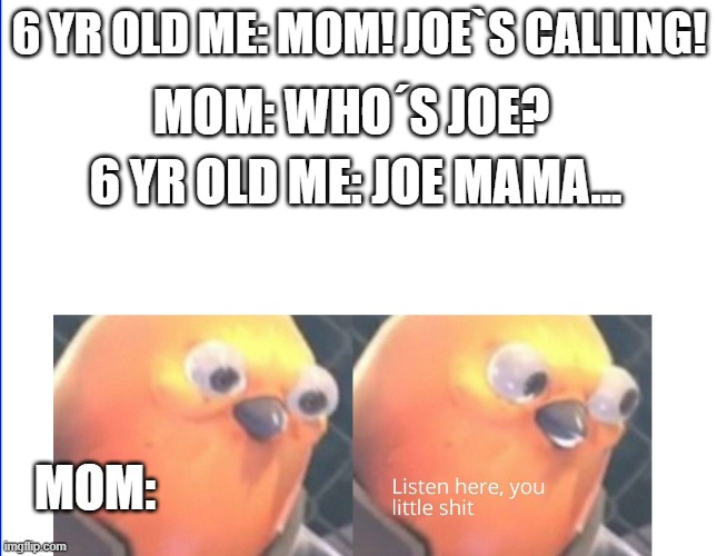 ... | MOM: WHO´S JOE? 6 YR OLD ME: MOM! JOE`S CALLING! 6 YR OLD ME: JOE MAMA... MOM: | image tagged in listen here you little shit | made w/ Imgflip meme maker