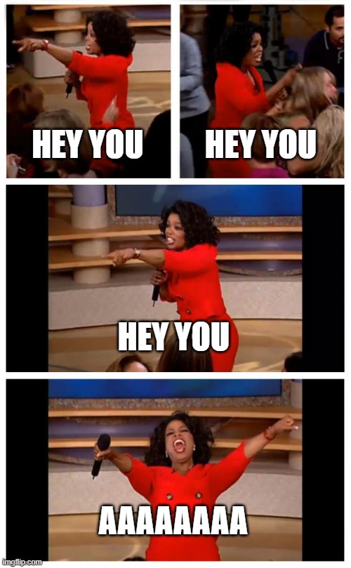 Oprah You Get A Car Everybody Gets A Car | HEY YOU; HEY YOU; HEY YOU; AAAAAAAA | image tagged in memes,oprah you get a car everybody gets a car | made w/ Imgflip meme maker