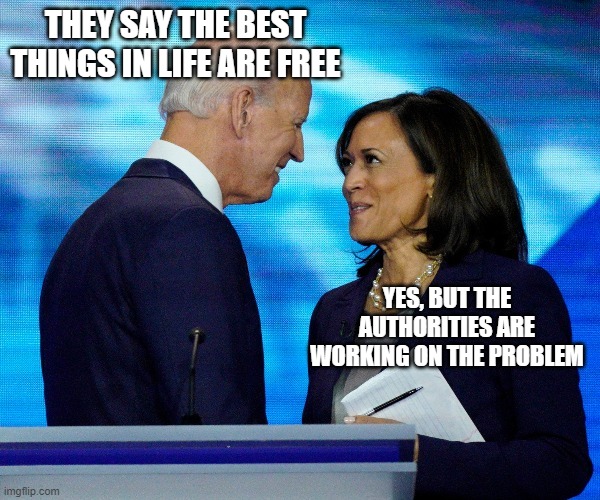 We've got your back ... and your front ... and both sides ... | THEY SAY THE BEST THINGS IN LIFE ARE FREE; YES, BUT THE AUTHORITIES ARE WORKING ON THE PROBLEM | image tagged in biden and kamala,taxes,government | made w/ Imgflip meme maker