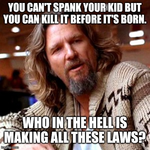 Doesn't make sense to me. |  YOU CAN'T SPANK YOUR KID BUT YOU CAN KILL IT BEFORE IT'S BORN. WHO IN THE HELL IS MAKING ALL THESE LAWS? | image tagged in memes,confused lebowski | made w/ Imgflip meme maker