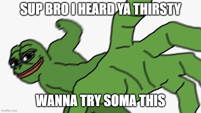 thirsty? | SUP BRO I HEARD YA THIRSTY; WANNA TRY SOMA THIS | image tagged in pepe punch | made w/ Imgflip meme maker