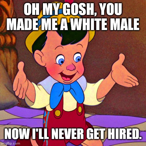 Equal Opportunity Employer | OH MY GOSH, YOU MADE ME A WHITE MALE; NOW I'LL NEVER GET HIRED. | image tagged in pinocchio real boy,mlk | made w/ Imgflip meme maker